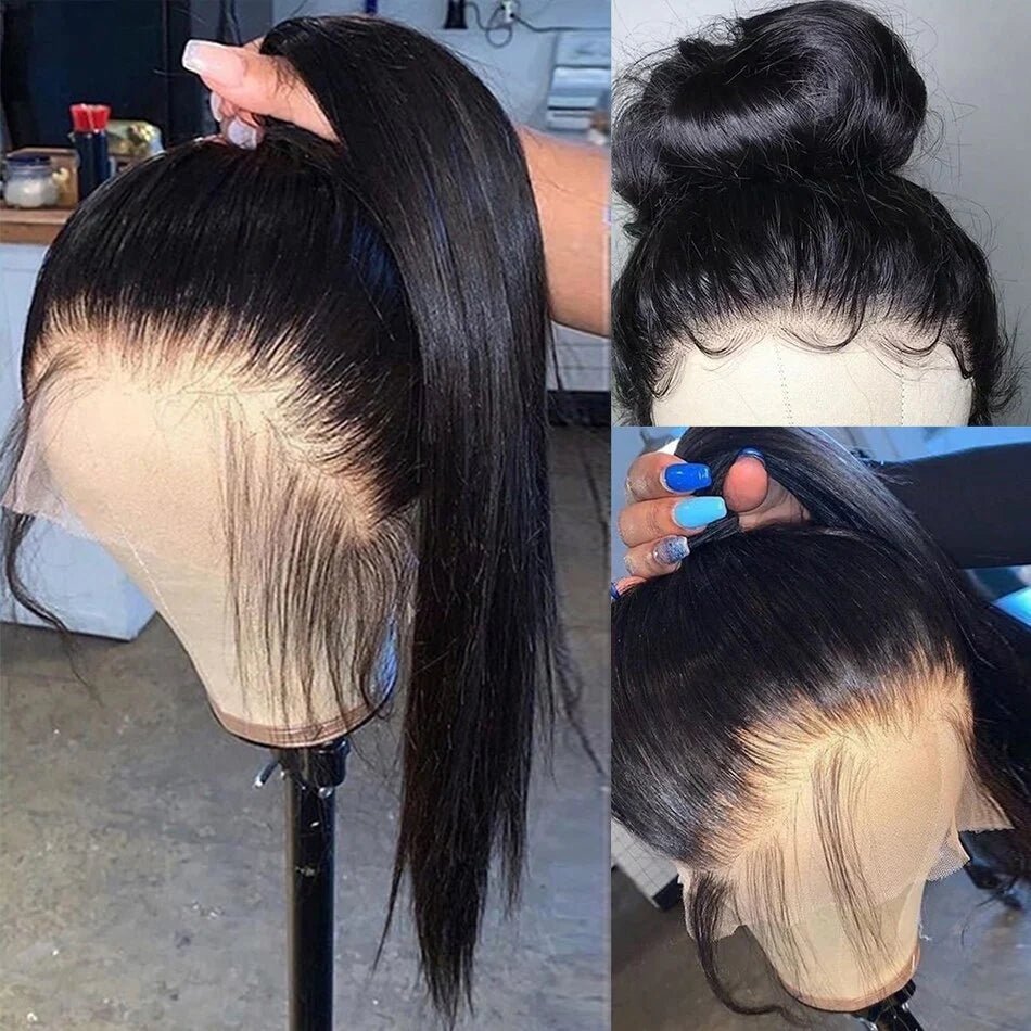 DNE Hair 360 HD Lace Front Wigs Human Hair Straight Hair High Ponytail Frontal Wig Model Side View