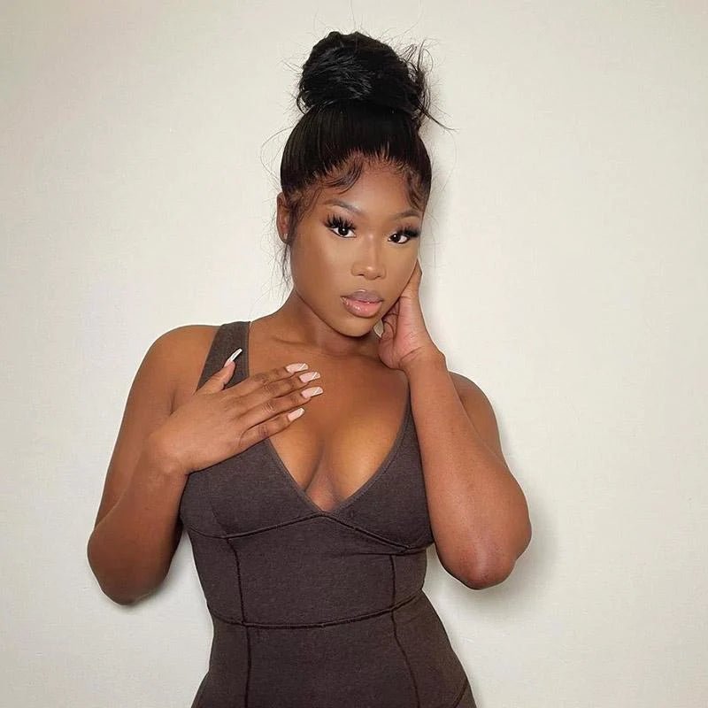 DNE Hair Full Lace Wig Human Hair HD Lace Wigs for Women High ponytail Model Front View