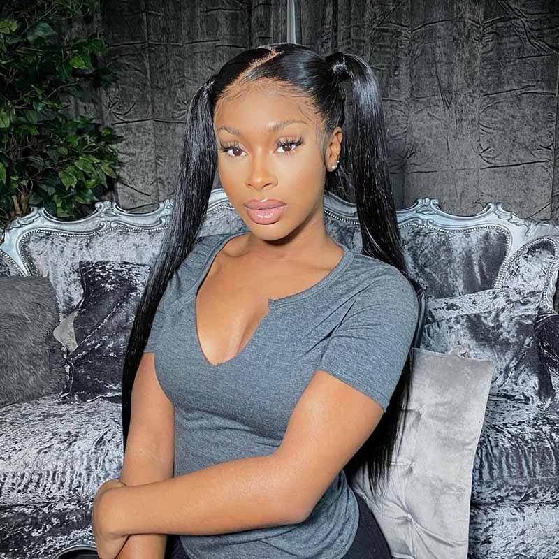 DNE Hair Full Lace Wig Human Hair HD Lace Wigs for Women High Double Tail Model Front View