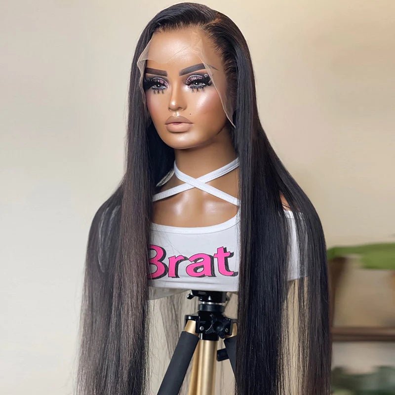 DNE Hair 13x6 HD lace Front Wigs Human Hair Sliky Straight Wig 28 Inch Natural Black Wig Model Front Show