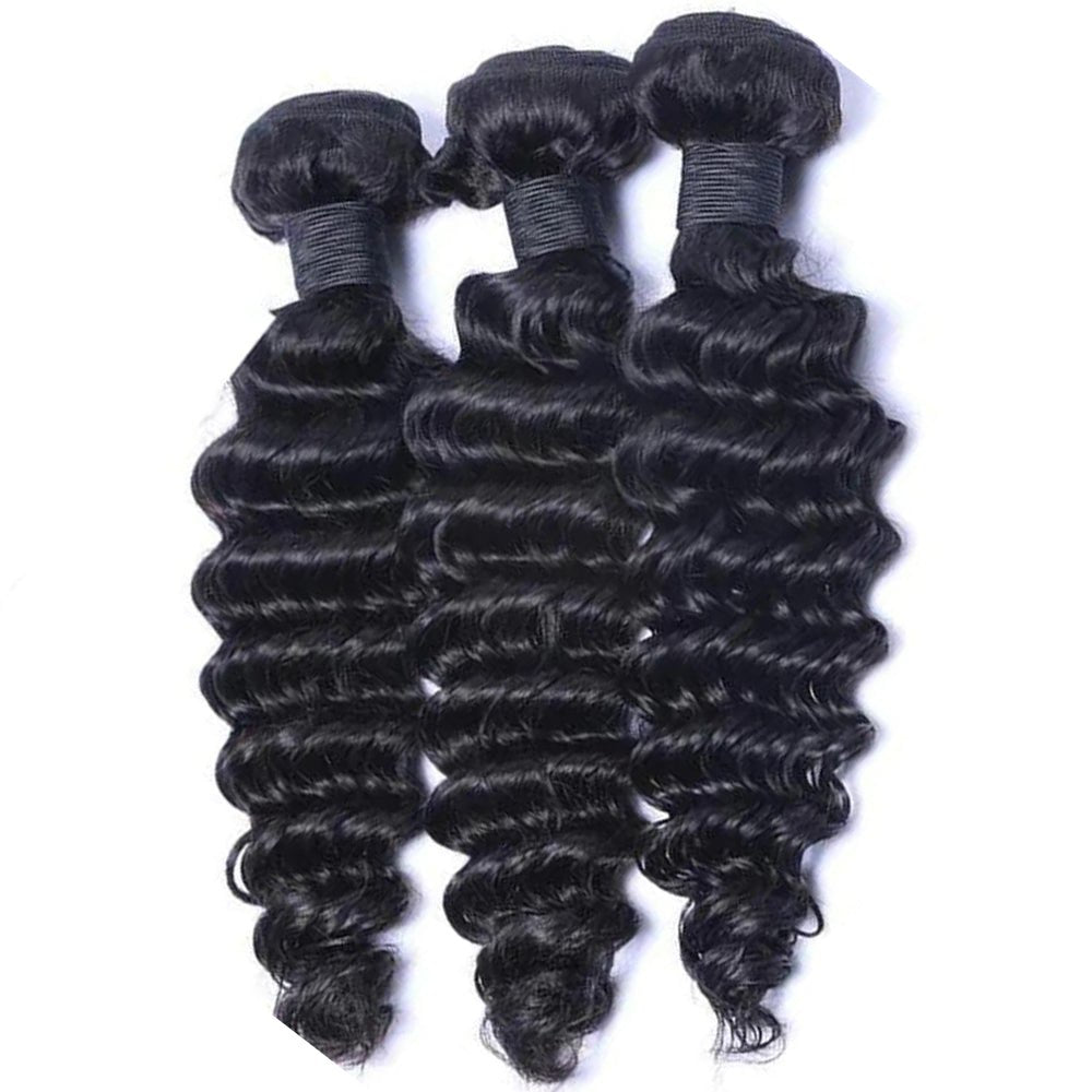 The Front of DNE Hair 10A Brazilian Deep Wave Hair 3Bundle 100% Unprocessed Human Virgin Hair Weave Extensions Natural Color 16 Inch