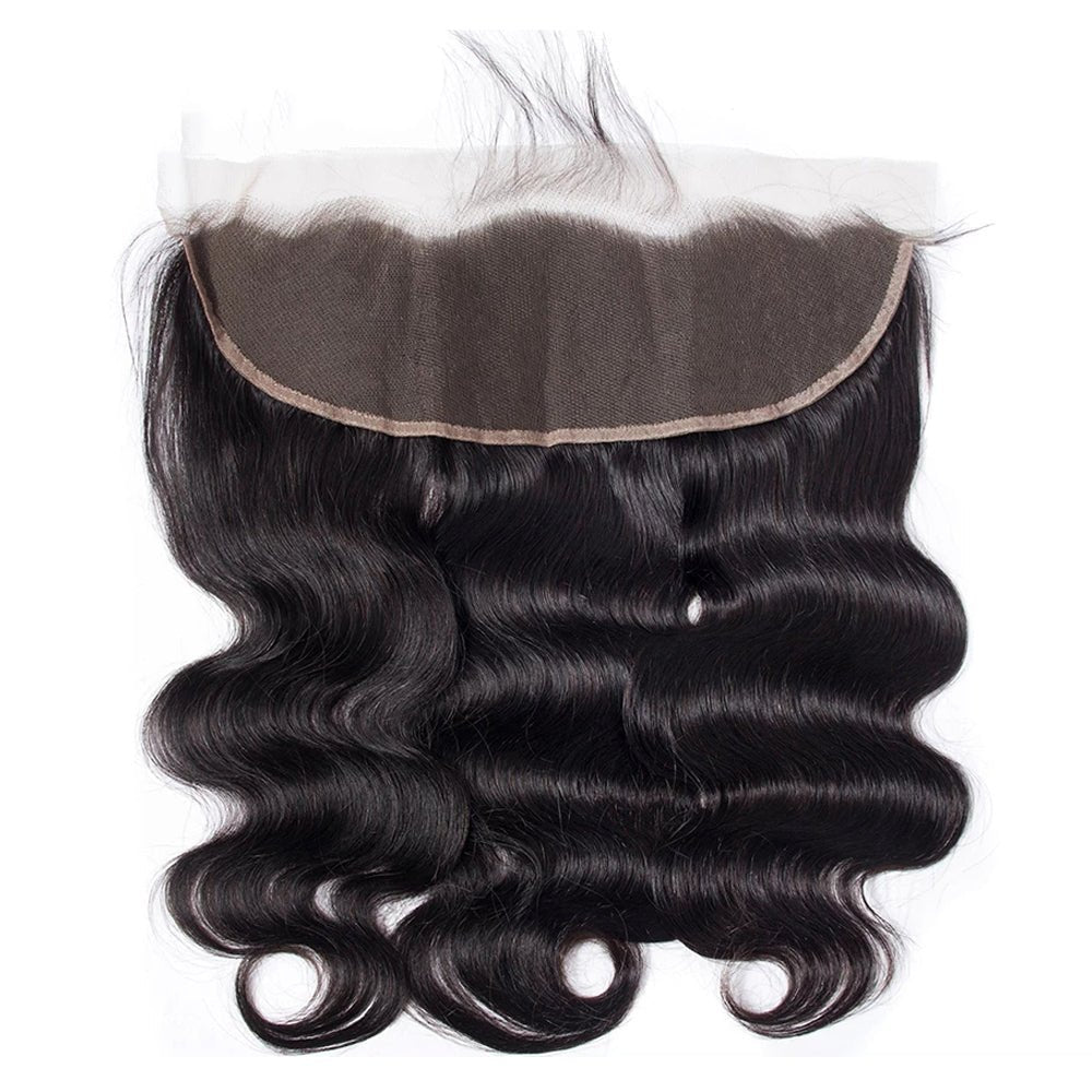The Back View of DNE Hair 10A HD 13x4 Lace Frontal Peruvian Body Wave Hair Invisible Knots 100% Human Hair Lace Closure Pre Plucked with Baby Hair