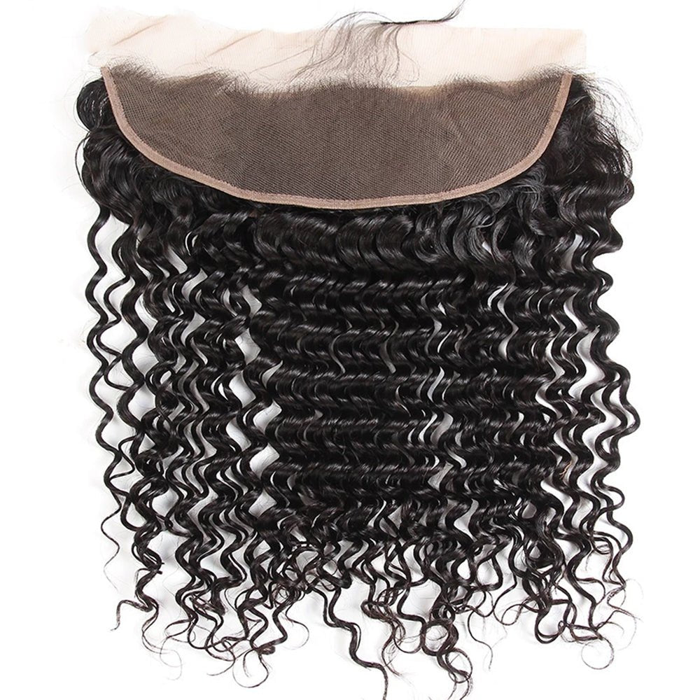 The Back View of DNE Hair 10A HD 13x4 Lace Frontal Peruvian Deep Wave Hair Invisible Knots 100% Human Hair Lace Closure Pre Plucked with Baby Hair
