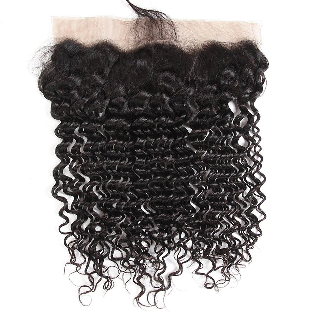 The Front View of DNE Hair 10A HD 13x4 Lace Frontal Peruvian Deep Wave Hair Invisible Knots 100% Human Hair Lace Closure Pre Plucked with Baby Hair