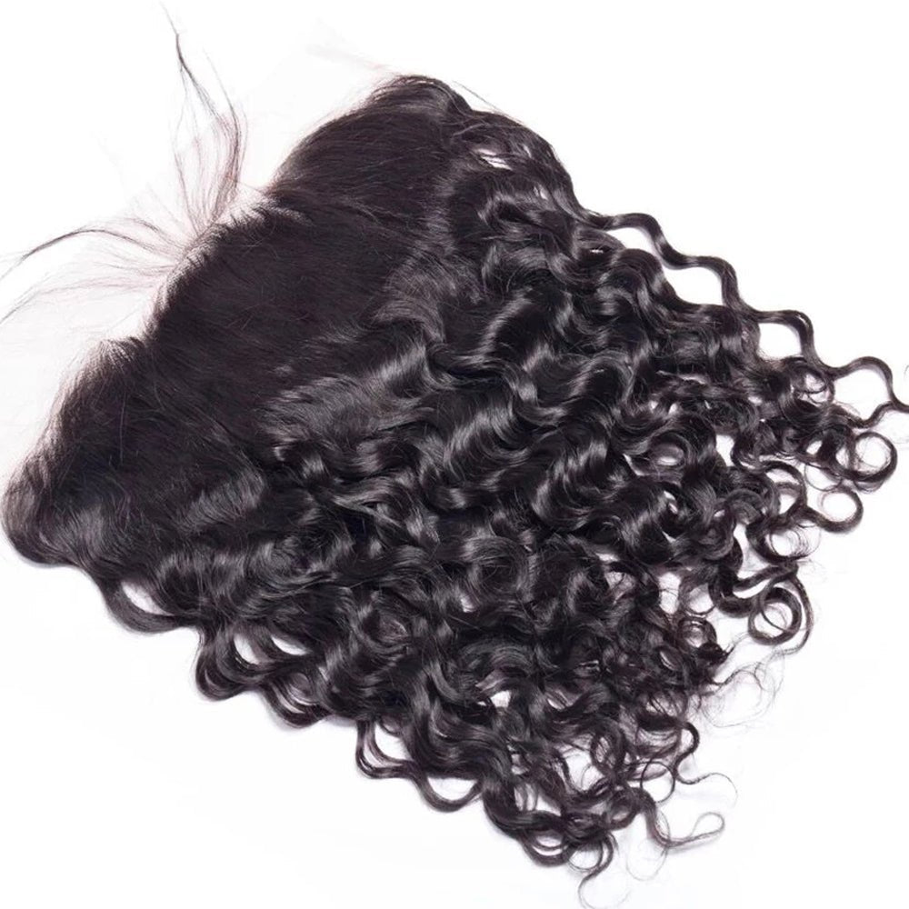 The Side View of DNE Hair 10A HD 13x4 Lace Frontal Peruvian Water Wave Hair Invisible Knots 100% Human Hair Lace Closure Pre Plucked with Baby Hair