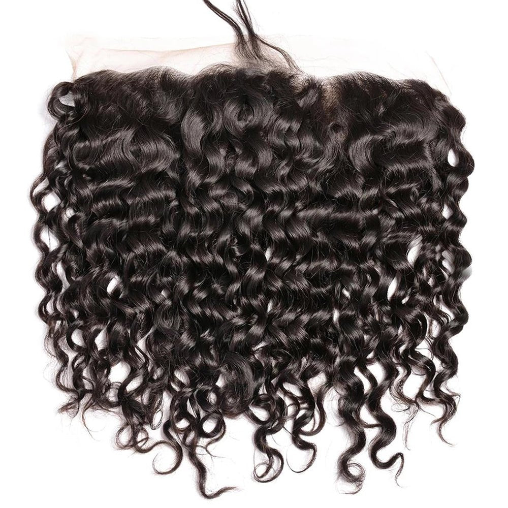 The Front View of DNE Hair 10A HD 13x4 Lace Frontal Peruvian Water Wave Hair Invisible Knots 100% Human Hair Lace Closure Pre Plucked with Baby Hair