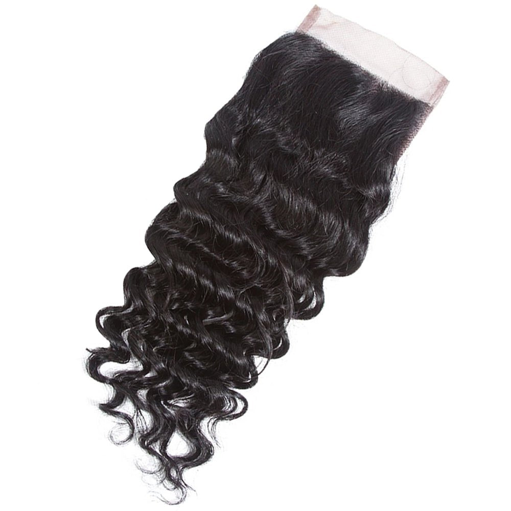 The Side View of DNE Hair 10A HD 4x4 Lace Closure Peruvian Deep Wave Hair Invisible Knots 100% Human Hair Lace Closure Pre Plucked