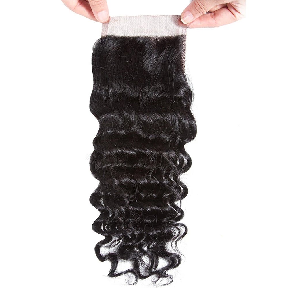 The Front View of DNE Hair 10A HD 4x4 Lace Closure Peruvian Deep Wave Hair Invisible Knots 100% Human Hair Lace Closure Pre Plucked