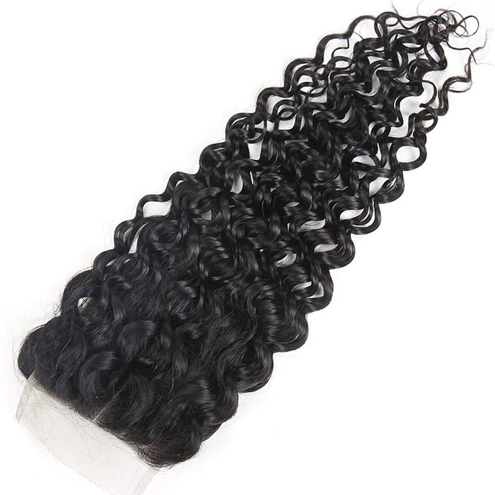 The Side View of DNE Hair HD Lace 4x4 Lace Closure Water Wave Hair Preplucked Hair Middle Part Closure