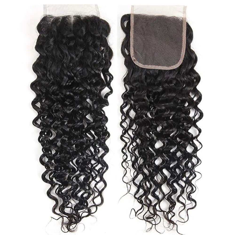 The Display of DNE Hair HD Lace 4x4 Lace Closure Water Wave Hair Preplucked Hair Closure Front and Back