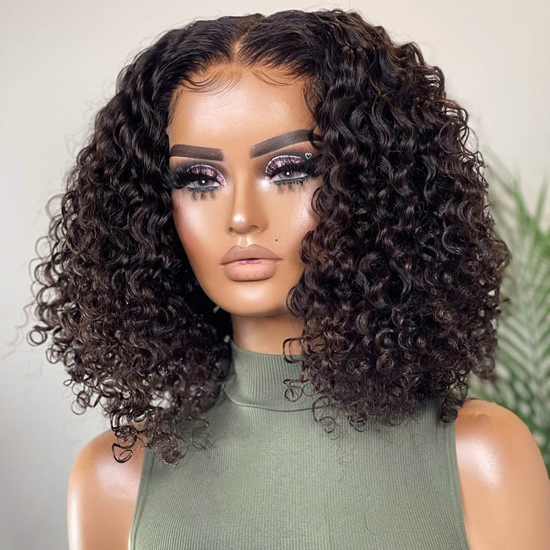 Culry Human Hair Bob Wigs 4x4 Closure Wigs Natural Black Water Wave Bob Wig Preplucked with Baby Hair Model Wear 16Inch Real Picture Front Display