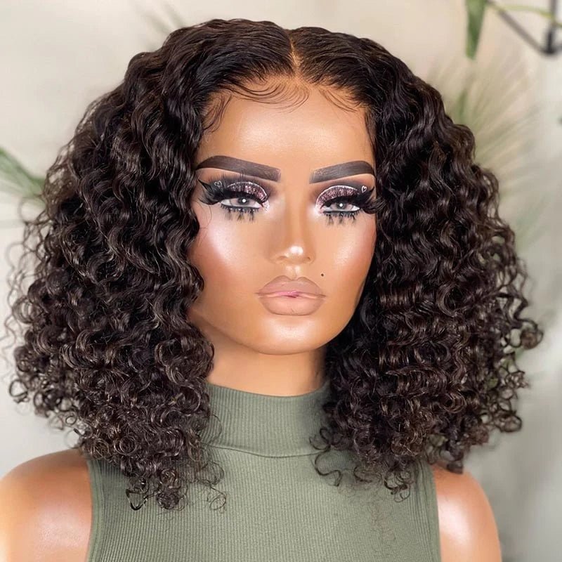 Culry Human Hair Bob Wigs 4x4 Closure Wigs Natural Black Water Wave Bob Wig Preplucked with Baby Hair Model Wear 16Inch Real Picture Side Display