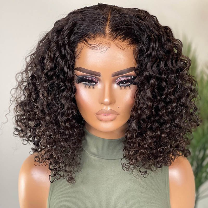 Culry Human Hair Bob Wigs 4x4 Closure Wigs Natural Black Water Wave Bob Wig Preplucked with Baby Hair Model Wear 16Inch Real Picture Top Display
