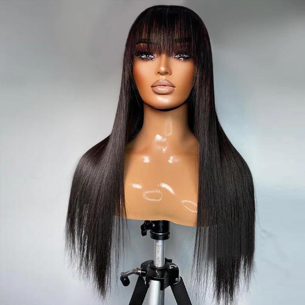 DNE Straight Hair Wig with Bangs For Women Natural Black Hair Wigs Model Wears 24" Real Picture Front