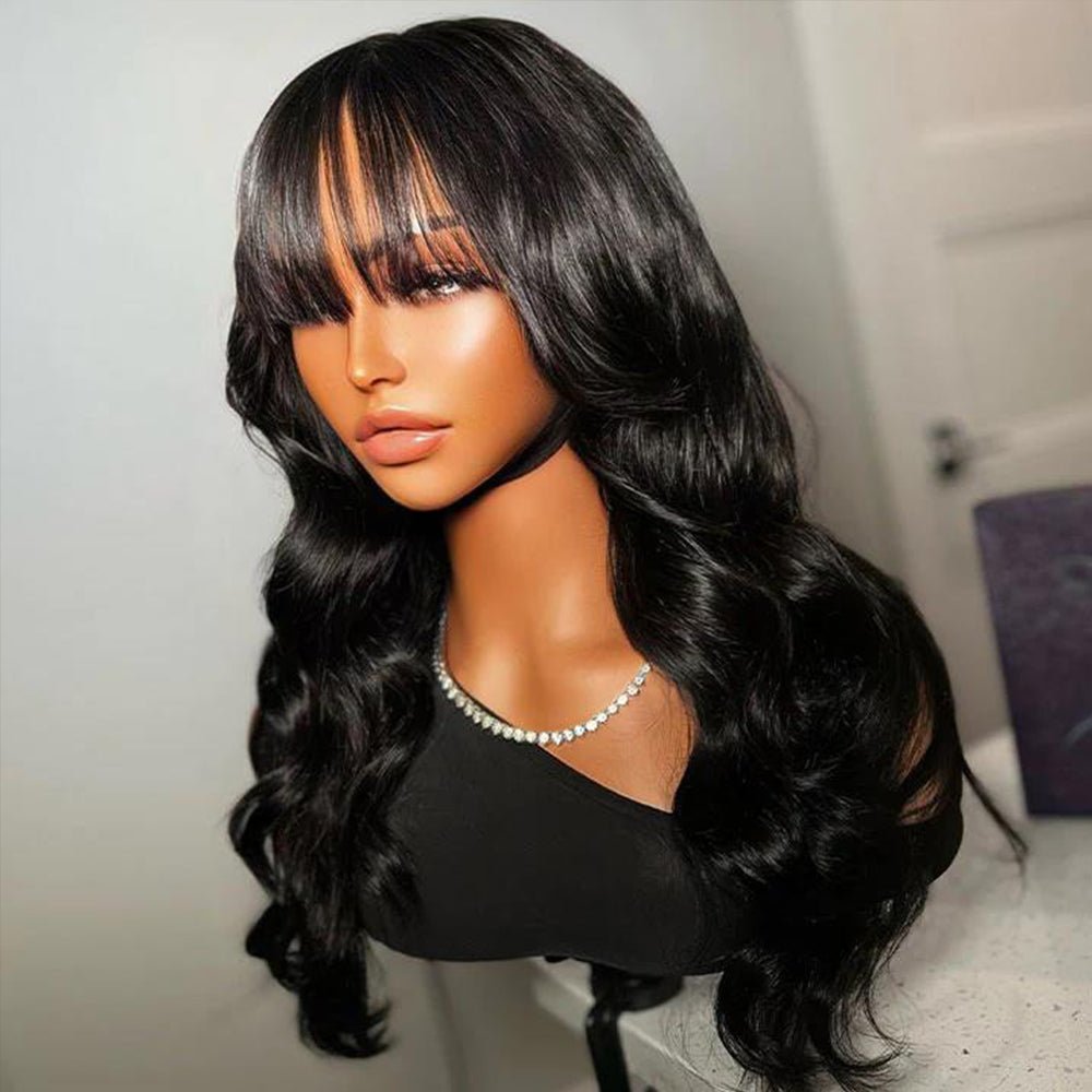 DNE Wigs With Bangs Body Wave Wig Human Hair Natural Black Hair Glueless Wig None Lace Front Wig Real HD Picture Side