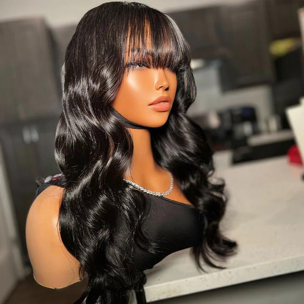DNE Wigs With Bangs Body Wave Wig Human Hair Natural Black Hair Glueless Wig None Lace Front Wig Real HD Picture Side