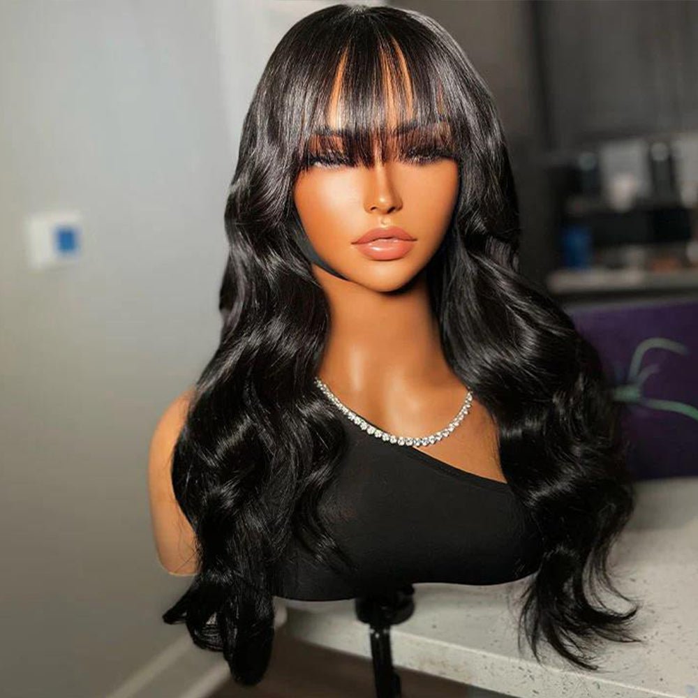 DNE Wigs With Bangs Body Wave Wig Human Hair Natural Black Hair Glueless Wig None Lace Front Wig Real Picture Front