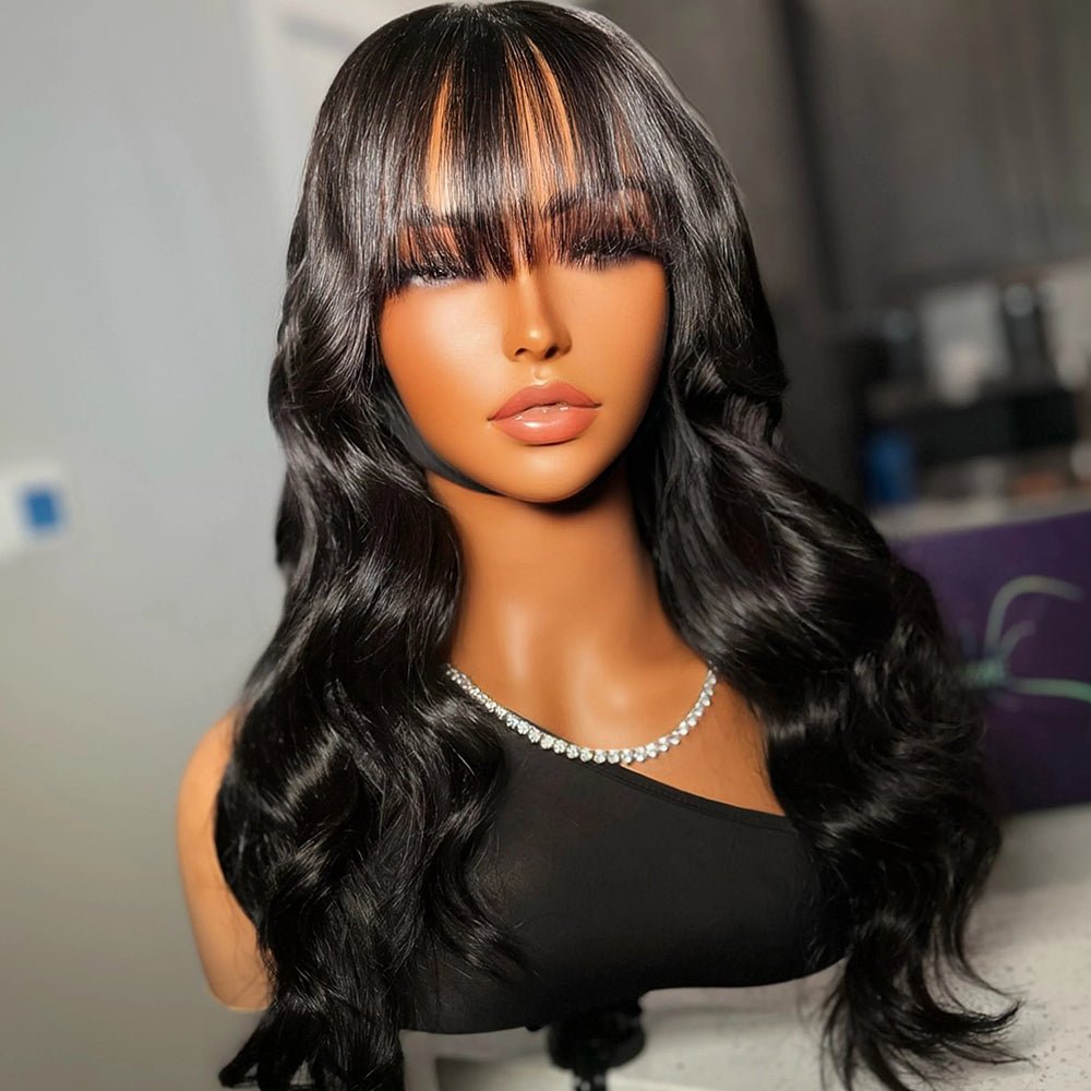 DNE Wigs With Bangs Body Wave Wig Human Hair Natural Black Hair Glueless Wig None Lace Front Wig Real HD Picture Front